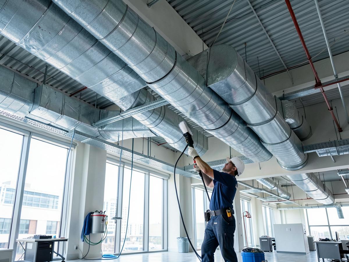 Technician cleaning large commercial HVAC ductwork in a Raleigh office building