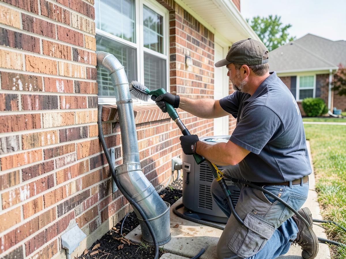 Technician brushing lint from a dryer vent duct on the exterior wall of a Raleigh area home