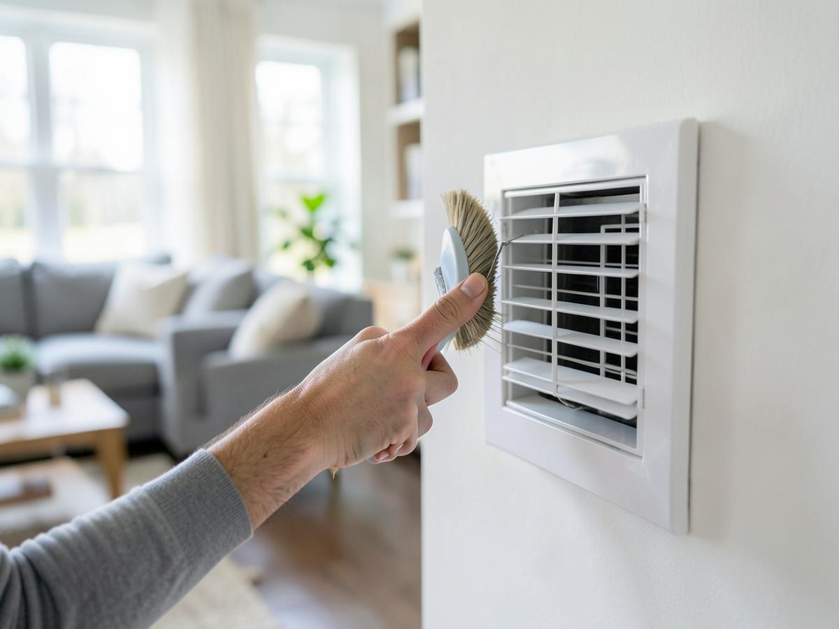 Close-up of a technician cleaning a home vent register in Raleigh, North Carolina